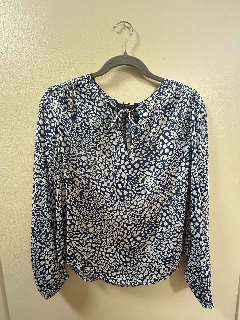 Banana Republic Navy and White Printed Tie-Neck Blouse